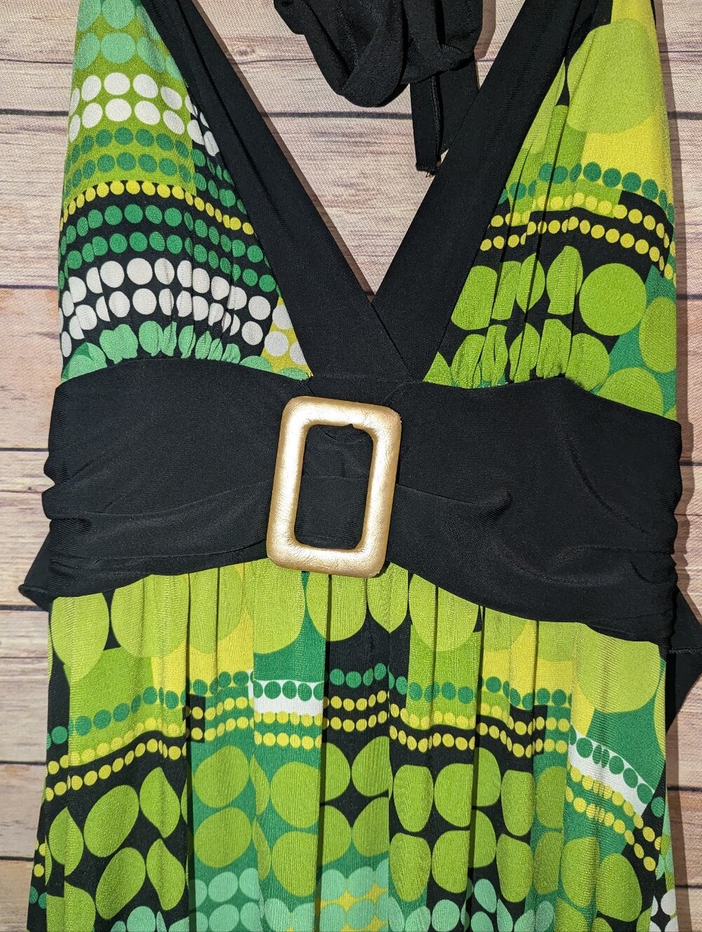 Body Central Green Black Geometric Halter Maxi Dress Gold Buckle Y2K Boho - Picture 3 of 6